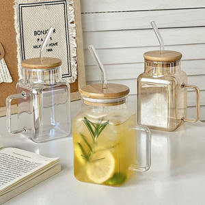 Bán buôn thanh lịch hình vuông chịu nhiệt cao Borosilicate ly thủy tinh với kính xử lý và nắp tre - Product Image 5