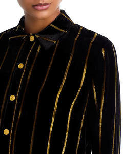 Chemise en velours <span class=keywords><strong>noir</strong></span> de luxe pour femmes, à rayures dorées en lurex, boutonnée, courte, pour soirée décontractée ou cocktail - Product Image 4