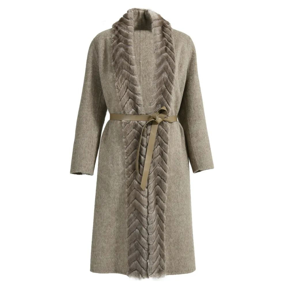 Abrigo de Cachemira de doble cara para mujer, abrigo largo de lana de Color personalizado con diseño Real Be lt, venta al por mayor, OEM