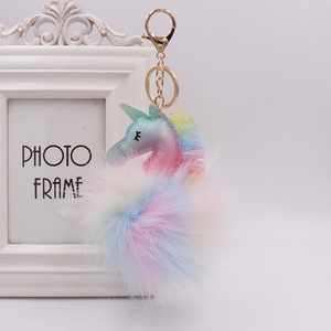 يونيكورن حيوان بوم بوم فراء فخم الكرة لطيف رقيق سلسلة مفاتيح يونيكورن للنساء إكسسوارات حقيبة يد - Product Image 2