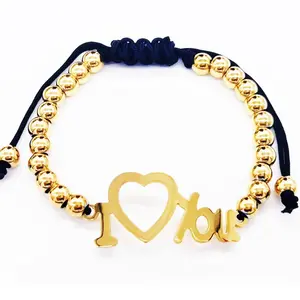ZDSSL-019 Unisex Gold Plated 6mm Stainless Steel Beads Adjustable Bracelet with I Love You Heart Moved for Couples