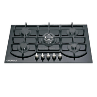 Table de cuisson à gaz encastrable 5 brûleurs avec panneau en verre trempé, allumage électronique, compatible GPL/GN, classe A d'efficacité énergétique