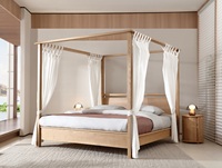 Cama con dosel con marco de madera maciza con cortinas para tamaño King con cabecero para dormitorio de adultos con patas de apoyo Listones de madera