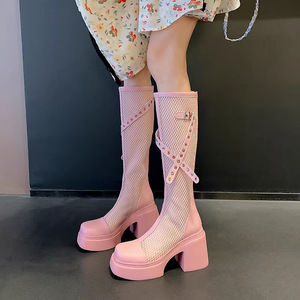 Bottes longues roses ajustées à semelle épaisse pour femmes, sandales en cuir et tulle, collection Printemps/Été 2026, bottes ultra-hautes à talons aiguilles jusqu'au genou - Product Image 1