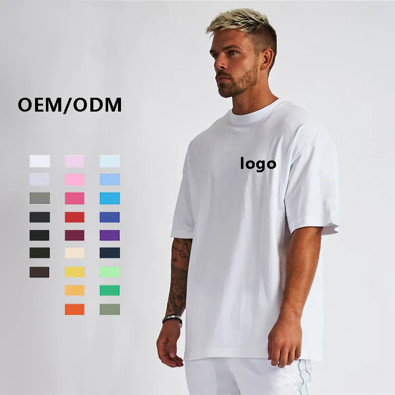 Özel kalın % 100% penye bambu Supima Pima organik pamuk toplu boş Premium erkek damla omuz Logo beyaz büyük boy t-shirt