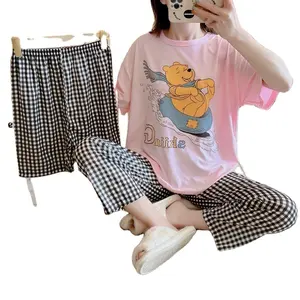 Conjunto de 3 piezas de pijama de dibujos animados para mujer, ropa de dormir Coreana de Mickey, finas y suaves de manga corta Camisetas, novedad de 2022