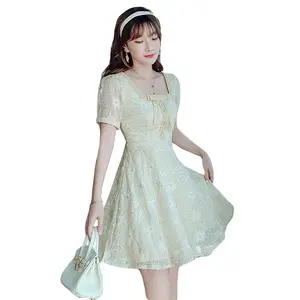 Summer New Little Fragrance Dress French Square Neck Light Luxury Waist Wrap Show Thin Fairy A-line Skirt