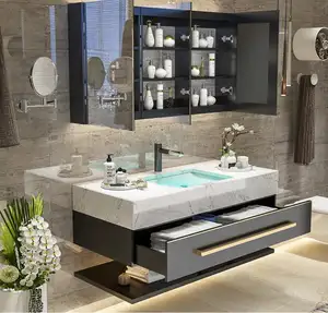 Vận Chuyển Nhanh Chóng Phong Cách Mỹ Rắn Tường Gỗ Treo Màu Đen Đá Cẩm Thạch Phòng Tắm Vanity Nội Thất Phòng Tắm