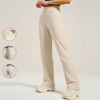 Pantalon de yoga taille haute couleur pêche uni avec poches arrière, coupe droite ample, design amincissant et rehausseur de silhouette
