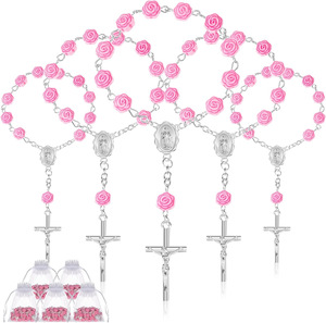 Pulsera de Rosario con Flores de Rosa Rosa, Brazalete con Cruz Hecho a Mano con Aguja Curva, Pulsera <span class=keywords><strong>para</strong></span> Fiesta de <span class=keywords><strong>Bautizo</strong></span> con Embalaje en Bolsa de Organza - Product Image 1