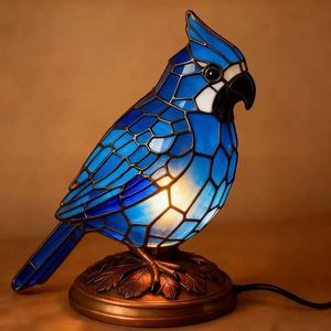 Modern Tiffany Electric Resin Ornament Glass Shade 2700K <strong>Warm</strong> White Cardinal Bird Table <strong>Lamp</strong> E14 Bulb Base LED Lighting Battery - Product Image 3