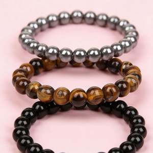Pulseira de Pedra Natural de 8mm para Homens, Conjunto de Joias Simples e Retrô com Corda Elástica - Product Image 1