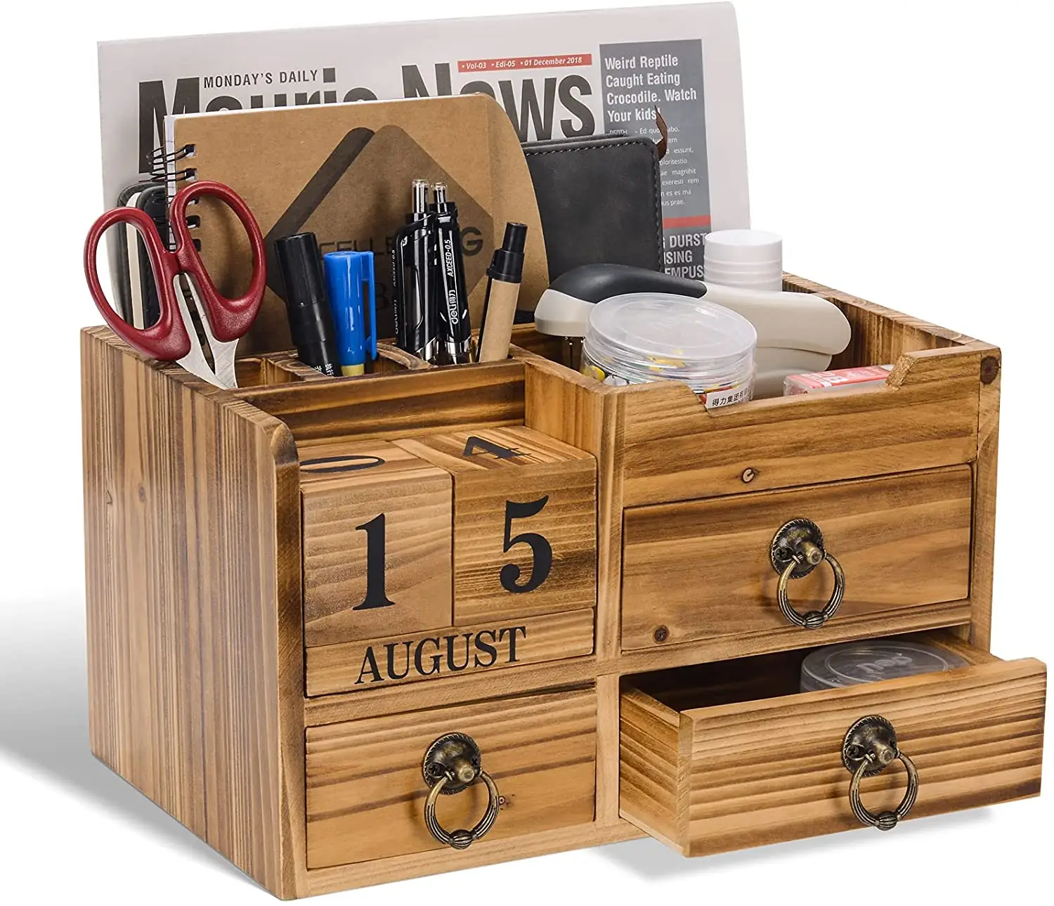 Wooden Office School Rustic Desktop Organizer with 3 drawers wooden hair dryer holder