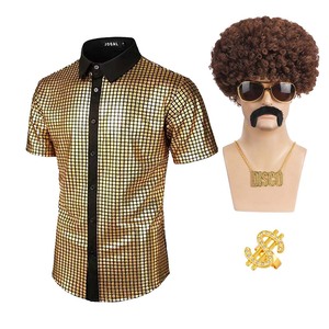 Disfraz de Hombre Estilo Hippie Rocker de los 70 y 80, Camisa Retro Disco, Peluca Rizada, Collar Dorado, Gafas de Sol Funky, Anillo, 6 Piezas, YTHC-029 - Product Image 1