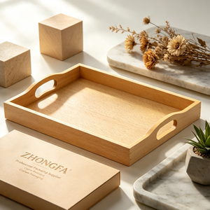 Plateau de service en bois de hêtre personnalisé avec finition vernie, plateau de présentation alimentaire moderne en bois, vente en gros OEM, fabriqué au Vietnam - Product Image 2