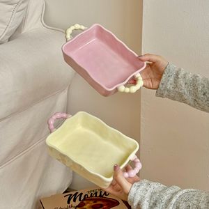 Bandeja para hornear estilo Ins con bloques de color, irregular, profunda, con dos asas, de alta gama, apta para <span class=keywords><strong>microondas</strong></span> y horno, vajilla. - Product Image 4