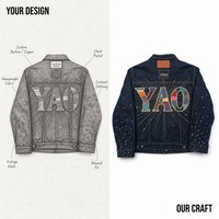 Blouson en jean vintage personnalisé pour homme, 14 oz, délavage foncé, patchwork de strass, lettres, style camionneur, indigo, 100 % coton, service OEM