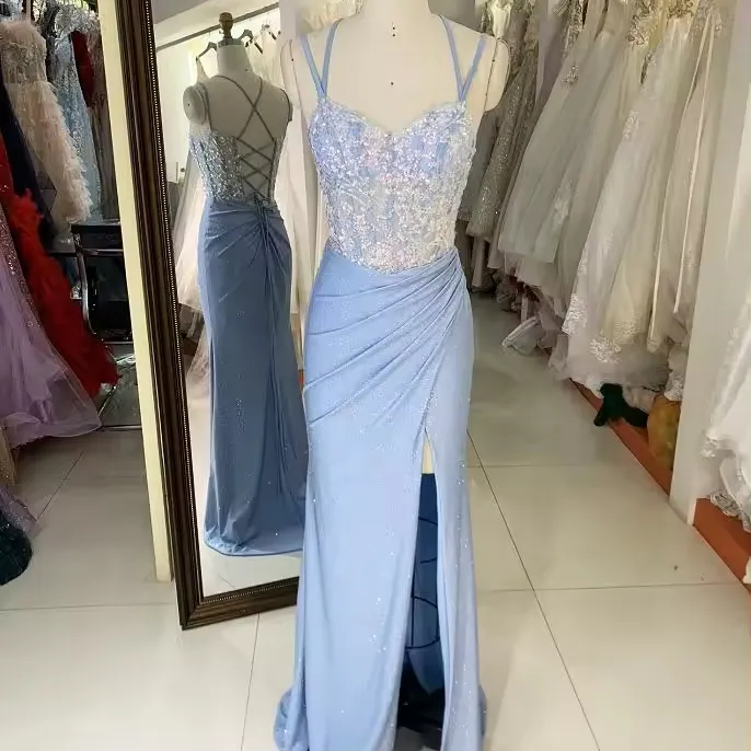 Wholesale 2025 Light Blue New sequin shiny sketch satin sleeveless corset high slit hand pleated prom evening women dresses