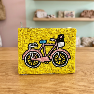 Porte-monnaie jaune perlé avec fermeture éclair, motif vélo, fait main, pour usage quotidien - Product Image 2