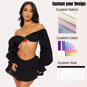 Bayanlar seksi Backless kapalı omuz mahsul Tops pileli etek seti kadın <span class=keywords><strong>moda</strong></span> parti kıyafetleri uzun kollu Mini etek 2 parça Set - Product Image 1