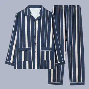 Plus Size Polyester Full Length Striped Pattern Pockets Open Front Collar Pure Lounge Wear Mens Sleepwear