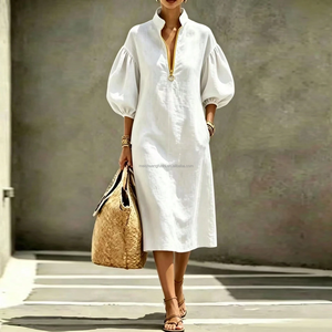 Robe en lin jaune sur mesure OEM, col montant, manches bouffantes, demi-fermeture éclair, kaftan ample, élégante, pour femme, été, décontractée, longueur midi - Product Image 2