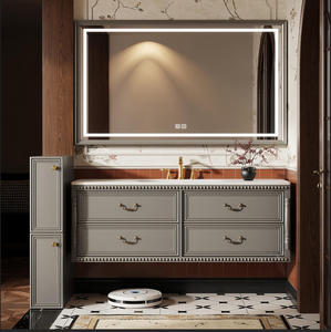 French freestanding bathroom vanity LED light strip storage <b>mirror</b> cabinet marble countertop - Product Image 3