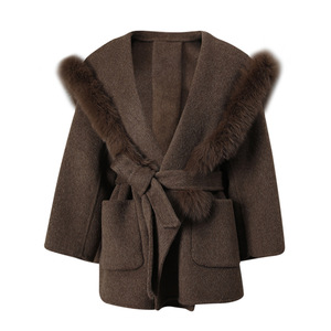 Haute qualité 2025 nouveau col <span class=keywords><strong>marine</strong></span> laine femmes manteau hiver fourrure court marron femmes manteaux - Product Image 3