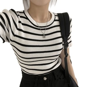 Blusas <span class=keywords><strong>de</strong></span> Punto <span class=keywords><strong>de</strong></span> <span class=keywords><strong>Manga</strong></span> Corta para Mujer, Talla Única, Estilo Moderno 2025, Cuello Redondo, Camisetas a Rayas, Blusas Casuales <span class=keywords><strong>de</strong></span> Verano - Product Image 6