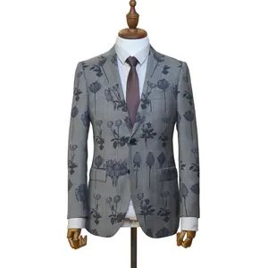 New designed trend elegant deluxe lowkey party wedding slim rose printed grey blazer 100% fabric men suit wool