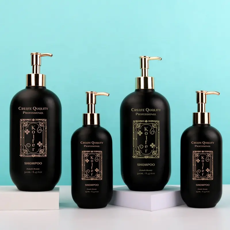 Custom silk screen printing luxurious 250ml 500ml black shampoo bottle with gold pump