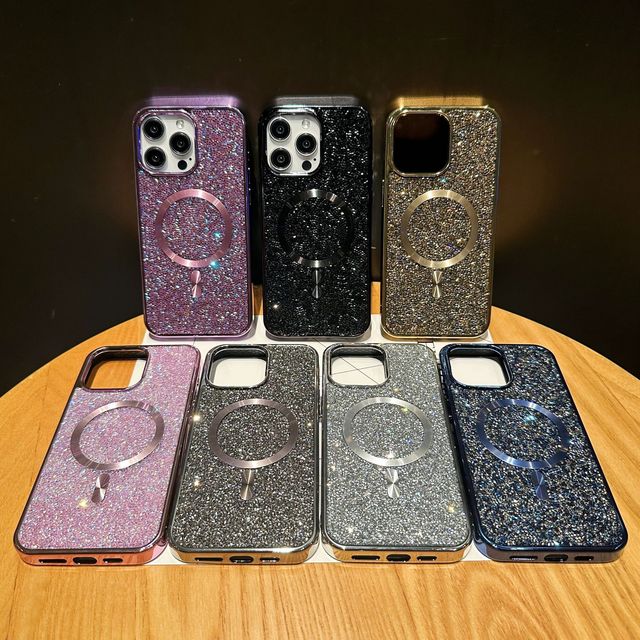 Luxury Woman Bling Glitter Diamond Magnetic Mobile Phone Case for iPhone 16 15 14 13 Pro Max Wireless Charging Shockproof Cover