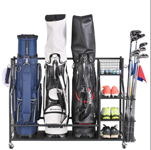 Factory Direct Sales Standing Type Multifunction Garage Outdoor Sports Equipment Display Stand 3 Golf Bag Storage Rack On Wheel
