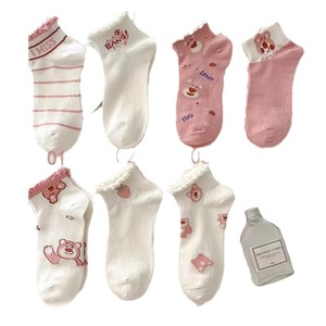 Women Ankle Socks Cotton Breathable Sweat Absorbing Cute Bear Strawberry Pattern White Pink Student Boat Socks <b>Spring</b> Autumn - Product Image 5