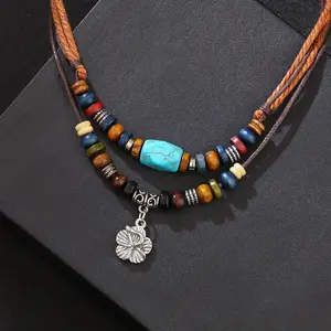 Classic Fashion Wooden Bead Turquoise Beads Retro Woven Necklace Personalized Small Flower Pendant Trendy Men's Necklace