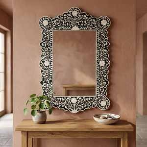 Miroir mural décoratif moderne en os incrusté, éclairage intégré, fait main, écologique, taille et couleur personnalisables, pour hôtel et maison - Product Image 1