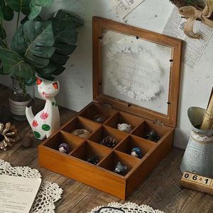 Wooden Jewelry Storage <b>Box</b> 9 Grid Flip Top <b>Lid</b> <b>With</b> Glass Cover For Organizing <b>Small</b> Accessories - Product Image 1