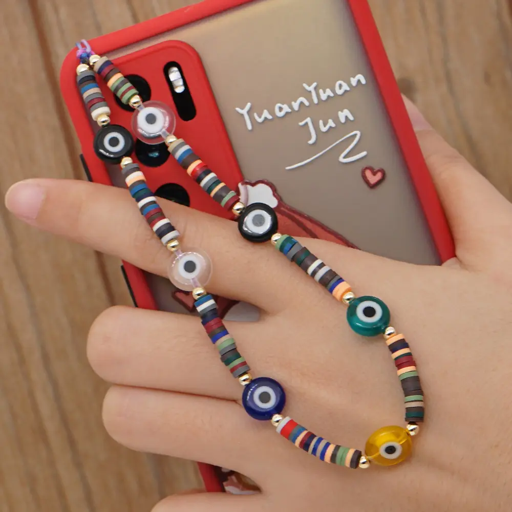 Fashionable ethnic colored polymer clay phone straps love letters Tukish eye beaded mobile chain Holder