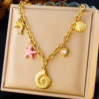 Moda de acero inoxidable 18K chapado en oro enlace estrella de mar Concha delfín colgante mujeres gargantillas collar elementos marinos en forma de corazón