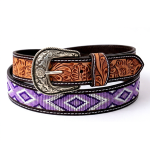Cinturón de Cuero Genuino Hecho a Mano, Estilo Western Vintage, Hebilla de Aleación, Bordado Floral, Patrón Sólido, 38mm de Ancho, Duradero - Product Image 1