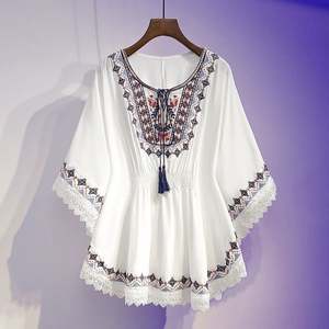 I-0663 Blouse décontractée pour femme, style bohème mexicain, brodée, à manches longues, coupe ample, boutonnée, style paysanne - Product Image 3