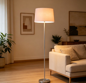 Lampada <span class=keywords><strong>da</strong></span> <span class=keywords><strong>Terra</strong></span> Moderna in Ferro Cromato con Base LED E27 e Paralume Cilindrico in Tessuto Rosa per Soggiorno - Product Image 3