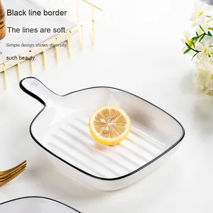 Plat de cuisson minimaliste en céramique <span class=keywords><strong>blanche</strong></span> avec poignée, plat à steak côtelé moderne, plat de cuisson carré pour la cuisine et la table à manger - Product Image 2