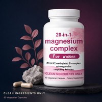 Complexe de magnésium 20-en-1 pour femmes avec D3, K2, complexe B méthylé, Ashwagandha, cétones de framboise, formule de 60 capsules végétariennes
