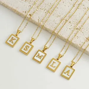 Joyería minimalista de moda de acero inoxidable, círculo hueco, nácar, 26 letras, collares con colgante, collares rectangulares con abalorio del alfabeto de la A-Z