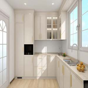 Armoires de cuisine personnalisées blanc mat - Design en panneaux mélaminés avec quincaillerie dorée, ensemble de meubles de cuisine élégant - Product Image 4