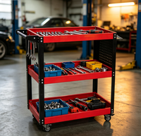 Chariot à outils de garage mobile double face écologique avec panneau perforé, bacs à pièces colorés, léger, 3 étagères, en métal, pour usage industriel