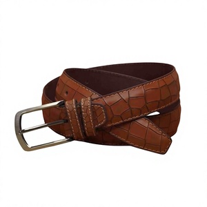 Genuine Leather Men's <b>Belt</b> Brown Crocodile Pattern <b>Silver</b> Rectangular Pin <b>Buckle</b> Formal Style Durable One-Piece Molding - Product Image 1