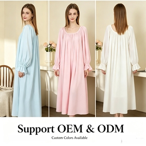 Vente en gros : Robe de nuit longue en coton tricoté pour femme, collection Printemps-Été, couleur unie, col ample, manches longues, style loungewear - Product Image 2