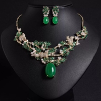 Ensemble de bijoux collier et boucles d'oreilles floraux en zircon cubique vert plaqué or et perles d'imitation XM S300 pour femmes, mariage
